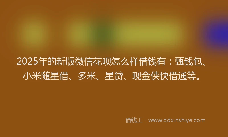 2025年的新版微信花呗怎么样借钱有：甄钱包、小米随星借、多米、星贷、现金侠快借通等。
