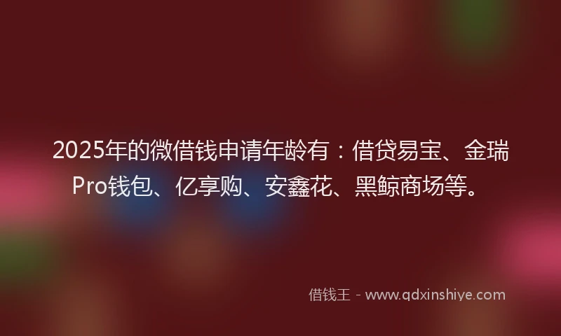 2025年的微借钱申请年龄有：借贷易宝、金瑞Pro钱包、亿享购、安鑫花、黑鲸商场等。