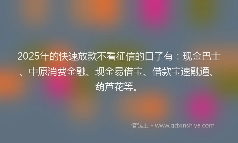 2025年的快速放款不看征信的口子有：现金巴士、中原消费金融、现金易借宝、借款宝速融通、葫芦花等。