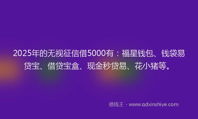 2025年的无视征信借5000有：福星钱包、钱袋易贷宝、借贷宝盒、现金秒贷易、花小猪等。