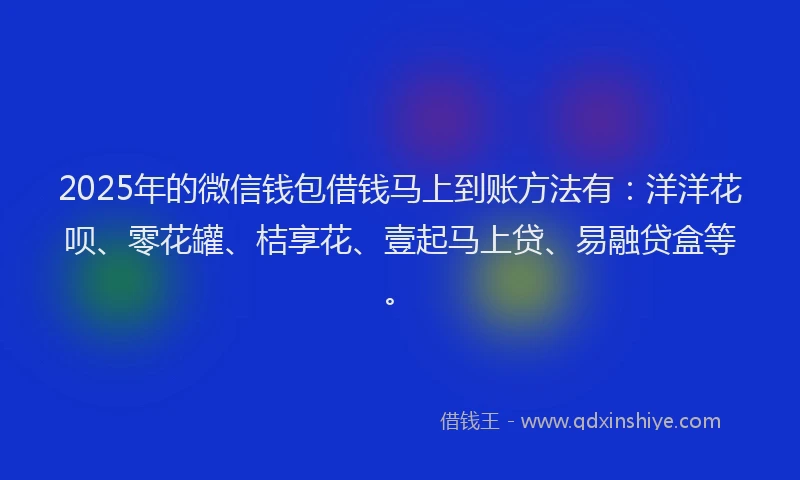 2025年的微信钱包借钱马上到账方法有：洋洋花呗、零花罐、桔享花、壹起马上贷、易融贷盒等。