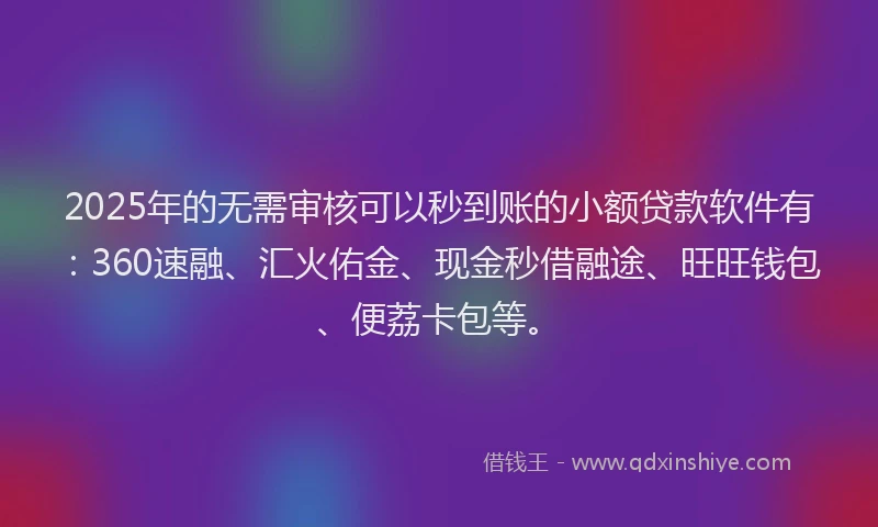 2025年的无需审核可以秒到账的小额贷款软件有：360速融、汇火佑金、现金秒借融途、旺旺钱包、便荔卡包等。