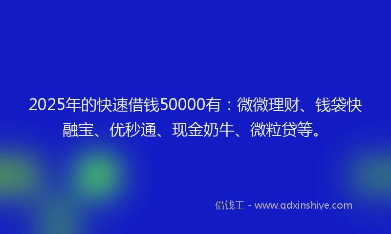 2025年的快速借钱50000有：微微理财、钱袋快融宝、优秒通、现金奶牛、微粒贷等。