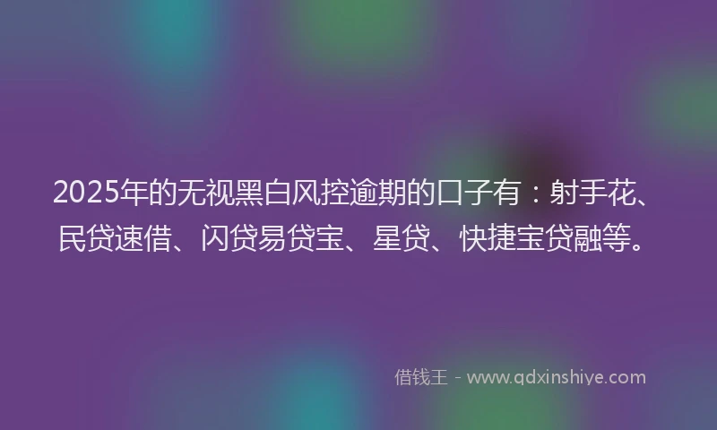 2025年的无视黑白风控逾期的口子有：射手花、民贷速借、闪贷易贷宝、星贷、快捷宝贷融等。