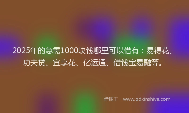 2025年的急需1000块钱哪里可以借有：易得花、功夫贷、宜享花、亿运通、借钱宝易融等。
