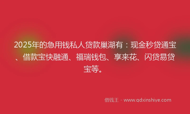 2025年的急用钱私人贷款巢湖有：现金秒贷通宝、借款宝快融通、福瑞钱包、享来花、闪贷易贷宝等。