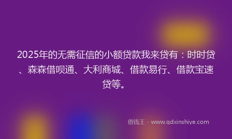 2025年的无需征信的小额贷款我来贷有：时时贷、森森借呗通、大利商城、借款易行、借款宝速贷等。