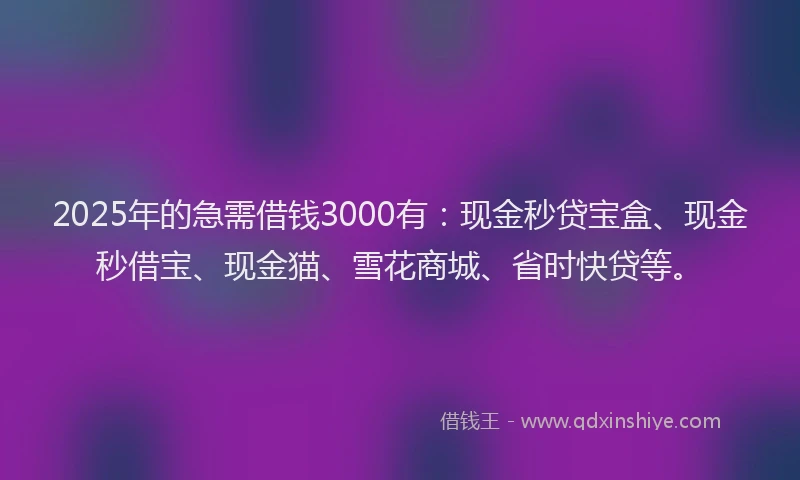 2025年的急需借钱3000有：现金秒贷宝盒、现金秒借宝、现金猫、雪花商城、省时快贷等。