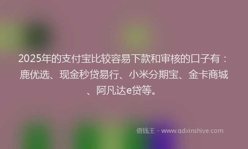 2025年的支付宝比较容易下款和审核的口子有：鹿优选、现金秒贷易行、小米分期宝、金卡商城、阿凡达e贷等。