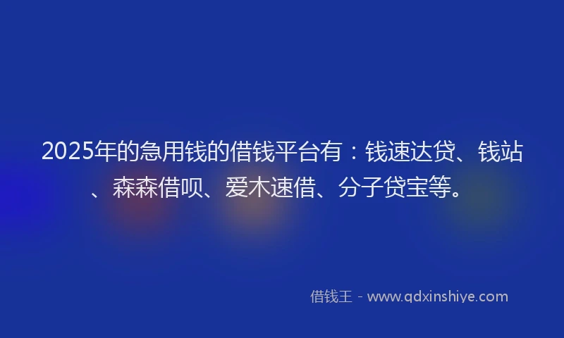 2025年的急用钱的借钱平台有：钱速达贷、钱站、森森借呗、爱木速借、分子贷宝等。