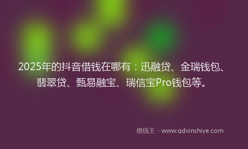 2025年的抖音借钱在哪有：迅融贷、金瑞钱包、翡翠贷、甄易融宝、瑞信宝Pro钱包等。