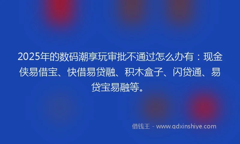 2025年的数码潮享玩审批不通过怎么办有：现金侠易借宝、快借易贷融、积木盒子、闪贷通、易贷宝易融等。