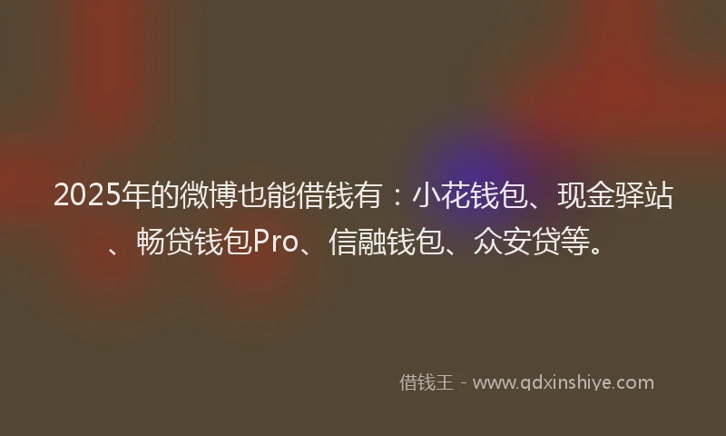 2025年的微博也能借钱有：小花钱包、现金驿站、畅贷钱包Pro、信融钱包、众安贷等。