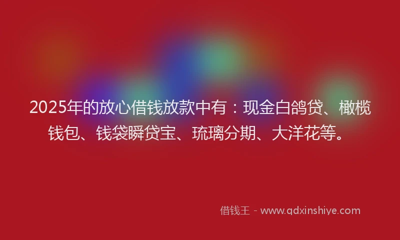 2025年的放心借钱放款中有：现金白鸽贷、橄榄钱包、钱袋瞬贷宝、琉璃分期、大洋花等。