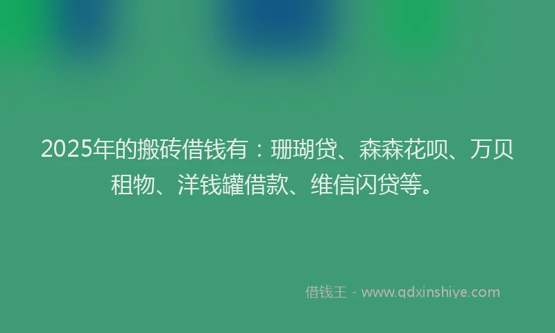 2025年的搬砖借钱有：珊瑚贷、森森花呗、万贝租物、洋钱罐借款、维信闪贷等。