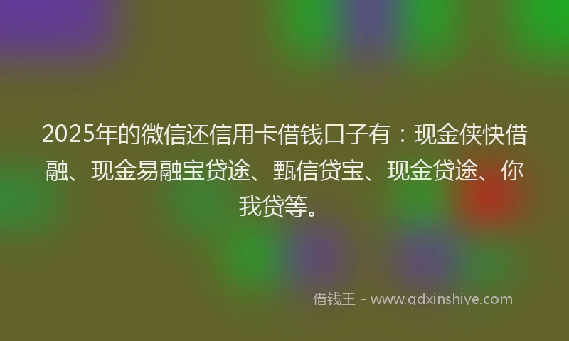 2025年的微信还信用卡借钱口子有：现金侠快借融、现金易融宝贷途、甄信贷宝、现金贷途、你我贷等。