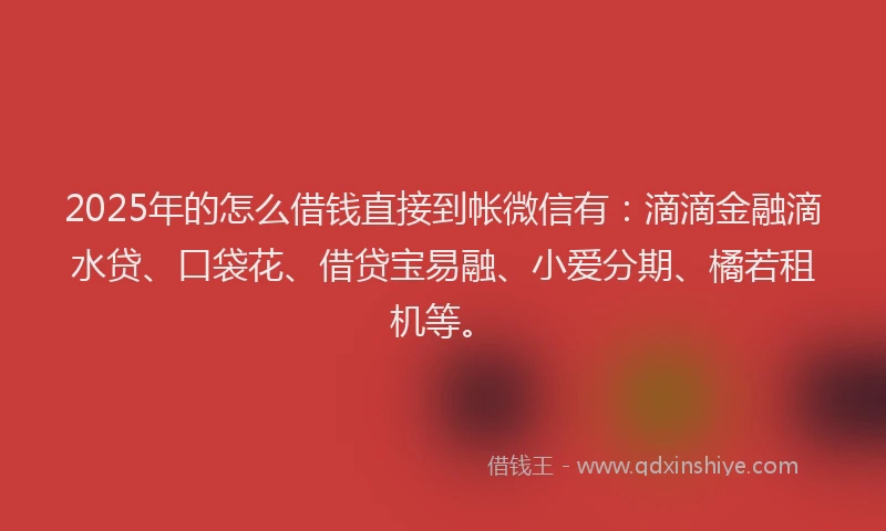 2025年的怎么借钱直接到帐微信有：滴滴金融滴水贷、口袋花、借贷宝易融、小爱分期、橘若租机等。