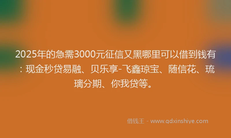 2025年的急需3000元征信又黑哪里可以借到钱有：现金秒贷易融、贝乐享-飞鑫琼宝、随信花、琉璃分期、你我贷等。