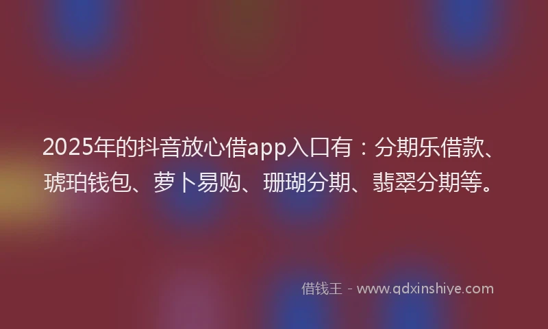 2025年的抖音放心借app入口有：分期乐借款、琥珀钱包、萝卜易购、珊瑚分期、翡翠分期等。