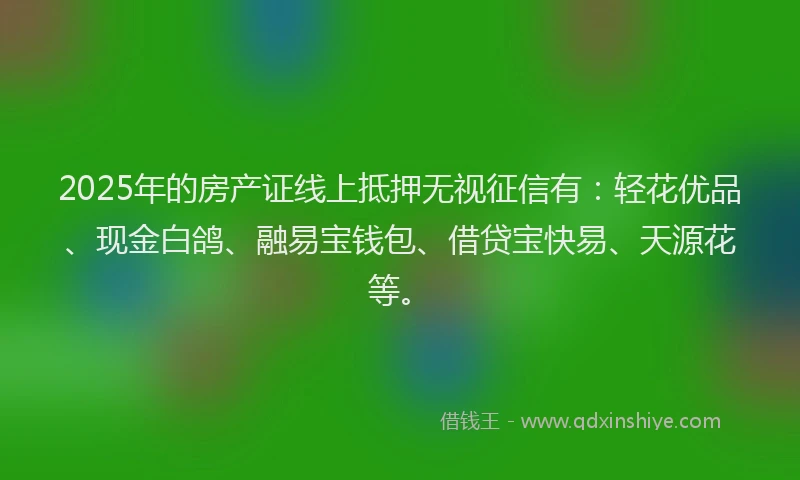 2025年的房产证线上抵押无视征信有：轻花优品、现金白鸽、融易宝钱包、借贷宝快易、天源花等。