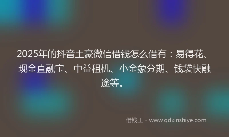 2025年的抖音土豪微信借钱怎么借有：易得花、现金直融宝、中益租机、小金象分期、钱袋快融途等。
