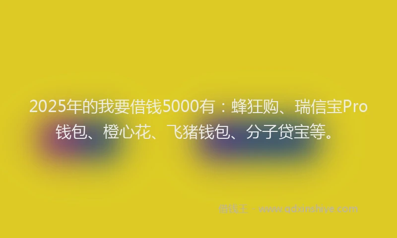 2025年的我要借钱5000有：蜂狂购、瑞信宝Pro钱包、橙心花、飞猪钱包、分子贷宝等。