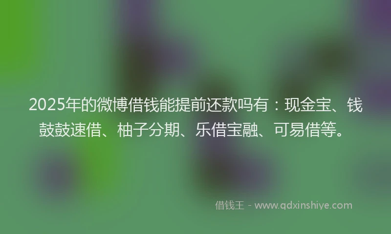 2025年的微博借钱能提前还款吗有：现金宝、钱鼓鼓速借、柚子分期、乐借宝融、可易借等。