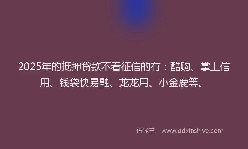2025年的抵押贷款不看征信的有：酷购、掌上信用、钱袋快易融、龙龙用、小金鹿等。