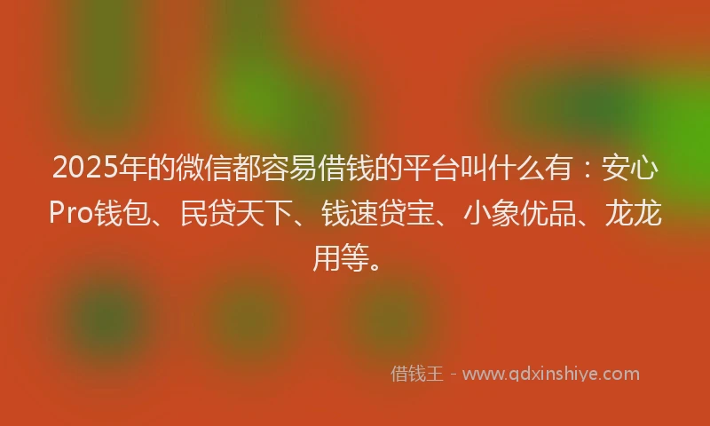 2025年的微信都容易借钱的平台叫什么有：安心Pro钱包、民贷天下、钱速贷宝、小象优品、龙龙用等。
