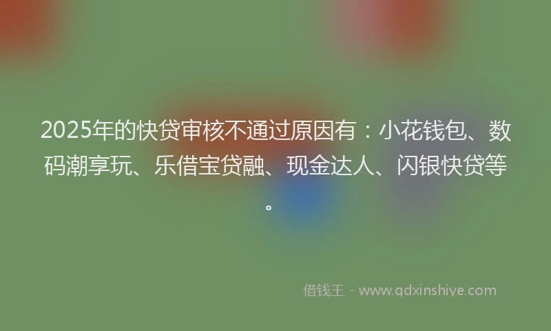 2025年的快贷审核不通过原因有：小花钱包、数码潮享玩、乐借宝贷融、现金达人、闪银快贷等。