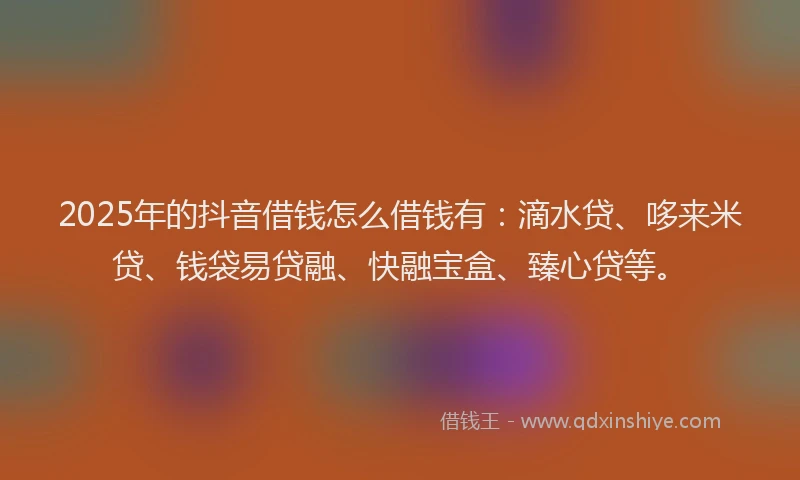 2025年的抖音借钱怎么借钱有：滴水贷、哆来米贷、钱袋易贷融、快融宝盒、臻心贷等。