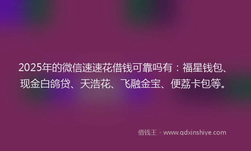 2025年的微信速速花借钱可靠吗有：福星钱包、现金白鸽贷、天浩花、飞融金宝、便荔卡包等。