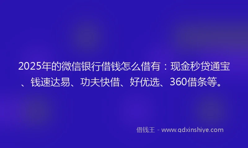 2025年的微信银行借钱怎么借有：现金秒贷通宝、钱速达易、功夫快借、好优选、360借条等。