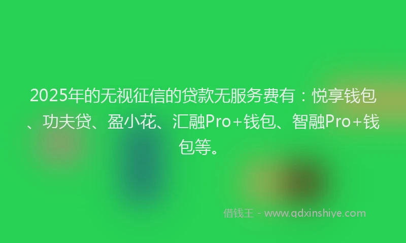 2025年的无视征信的贷款无服务费有：悦享钱包、功夫贷、盈小花、汇融Pro+钱包、智融Pro+钱包等。