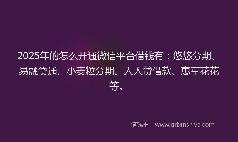 2025年的怎么开通微信平台借钱有：悠悠分期、易融贷通、小麦粒分期、人人贷借款、惠享花花等。