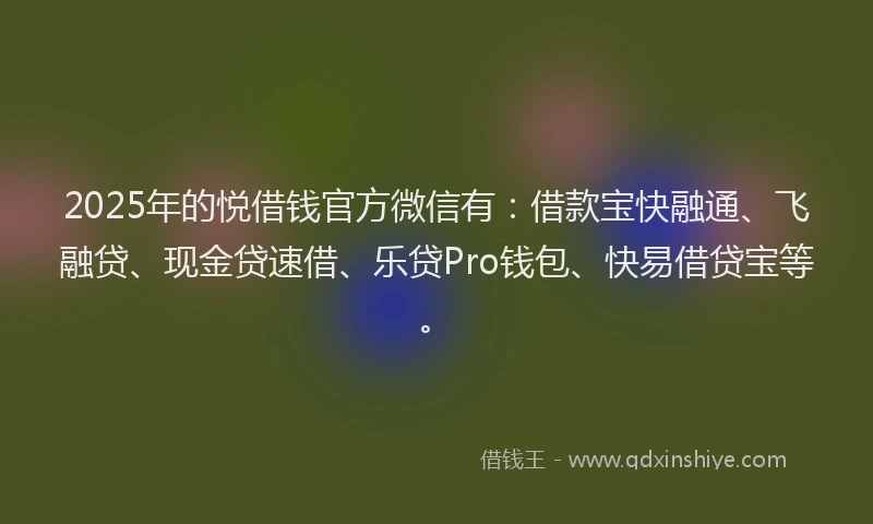 2025年的悦借钱官方微信有：借款宝快融通、飞融贷、现金贷速借、乐贷Pro钱包、快易借贷宝等。