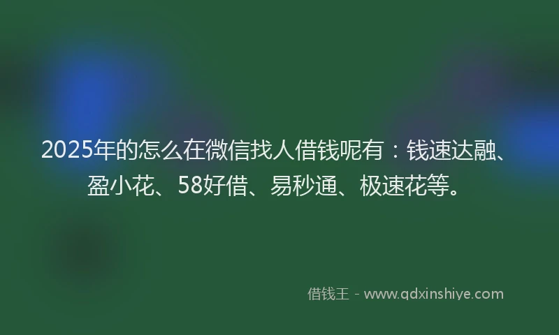 2025年的怎么在微信找人借钱呢有：钱速达融、盈小花、58好借、易秒通、极速花等。