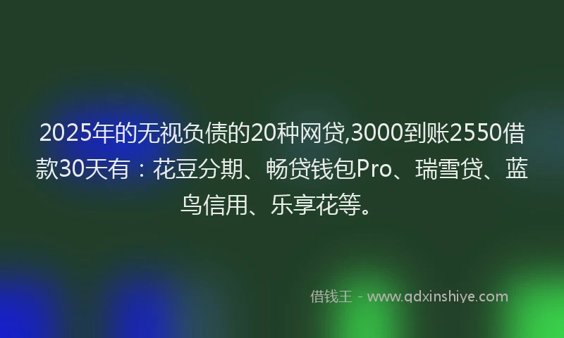 2025年的无视负债的20种网贷,3000到账2550借款30天有：花豆分期、畅贷钱包Pro、瑞雪贷、蓝鸟信用、乐享花等。
