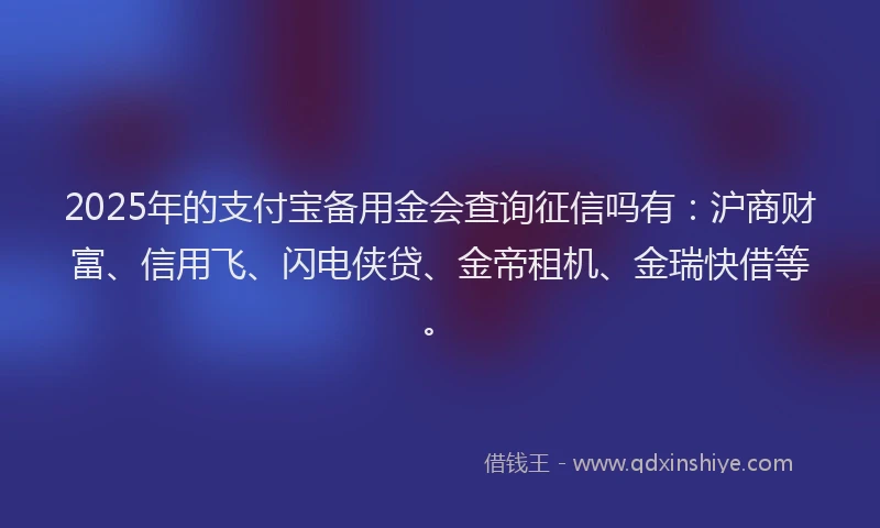 2025年的支付宝备用金会查询征信吗有：沪商财富、信用飞、闪电侠贷、金帝租机、金瑞快借等。
