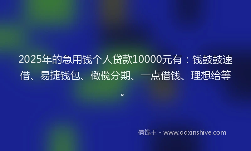 2025年的急用钱个人贷款10000元有：钱鼓鼓速借、易捷钱包、橄榄分期、一点借钱、理想给等。