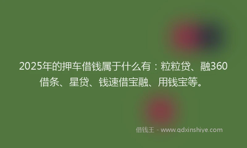 2025年的押车借钱属于什么有：粒粒贷、融360借条、星贷、钱速借宝融、用钱宝等。