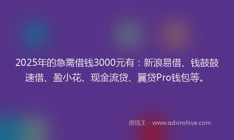 2025年的急需借钱3000元有：新浪易借、钱鼓鼓速借、盈小花、现金流贷、翼贷Pro钱包等。