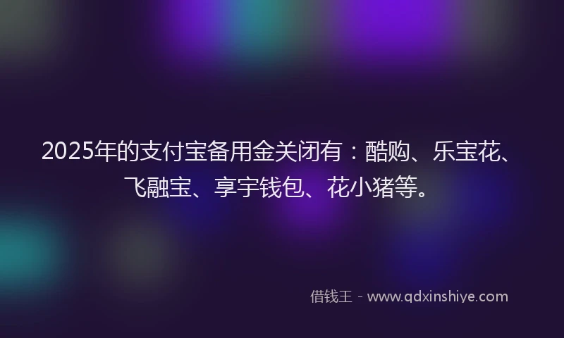 2025年的支付宝备用金关闭有：酷购、乐宝花、飞融宝、享宇钱包、花小猪等。