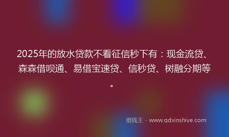2025年的放水贷款不看征信秒下有：现金流贷、森森借呗通、易借宝速贷、信秒贷、树融分期等。