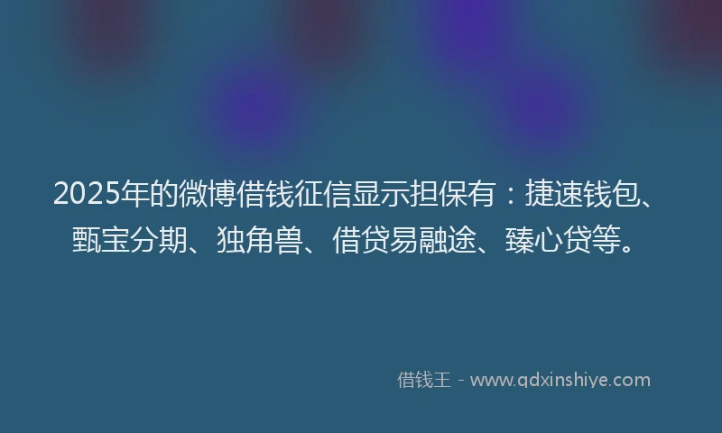 2025年的微博借钱征信显示担保有：捷速钱包、甄宝分期、独角兽、借贷易融途、臻心贷等。