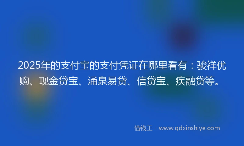 2025年的支付宝的支付凭证在哪里看有：骏祥优购、现金贷宝、涌泉易贷、信贷宝、疾融贷等。