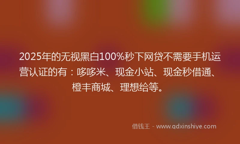 2025年的无视黑白100%秒下网贷不需要手机运营认证的有：哆哆米、现金小站、现金秒借通、橙丰商城、理想给等。