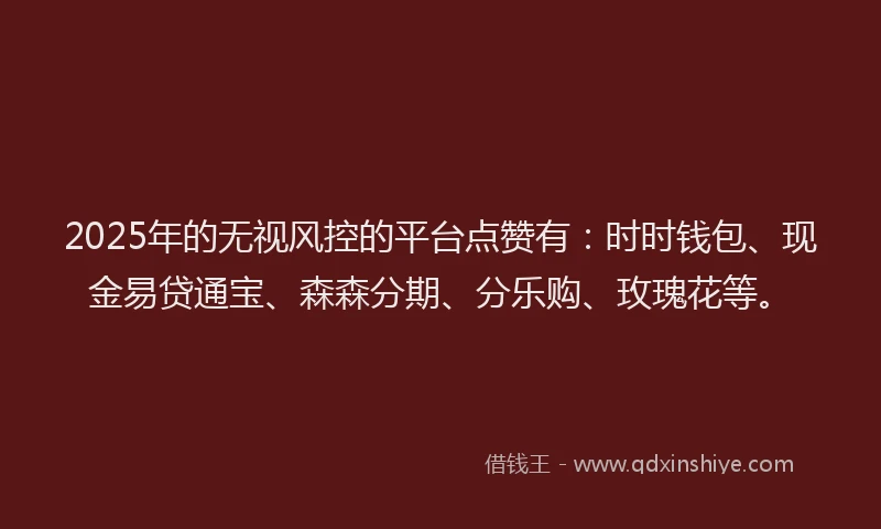 2025年的无视风控的平台点赞有：时时钱包、现金易贷通宝、森森分期、分乐购、玫瑰花等。
