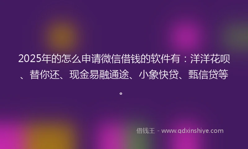 2025年的怎么申请微信借钱的软件有：洋洋花呗、替你还、现金易融通途、小象快贷、甄信贷等。