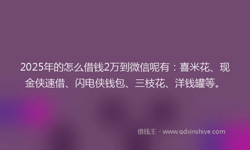 2025年的怎么借钱2万到微信呢有：喜米花、现金侠速借、闪电侠钱包、三枝花、洋钱罐等。